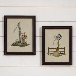 Vintage Pair Farmhouse Framed Cross-Stitch Needlepoint Rustic Art 7.75″×5.75″